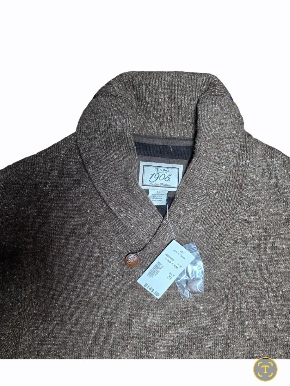 NWT Jos A Bank 1905 Tweed Wool Blend Shawl Collar Sweater XL Brown